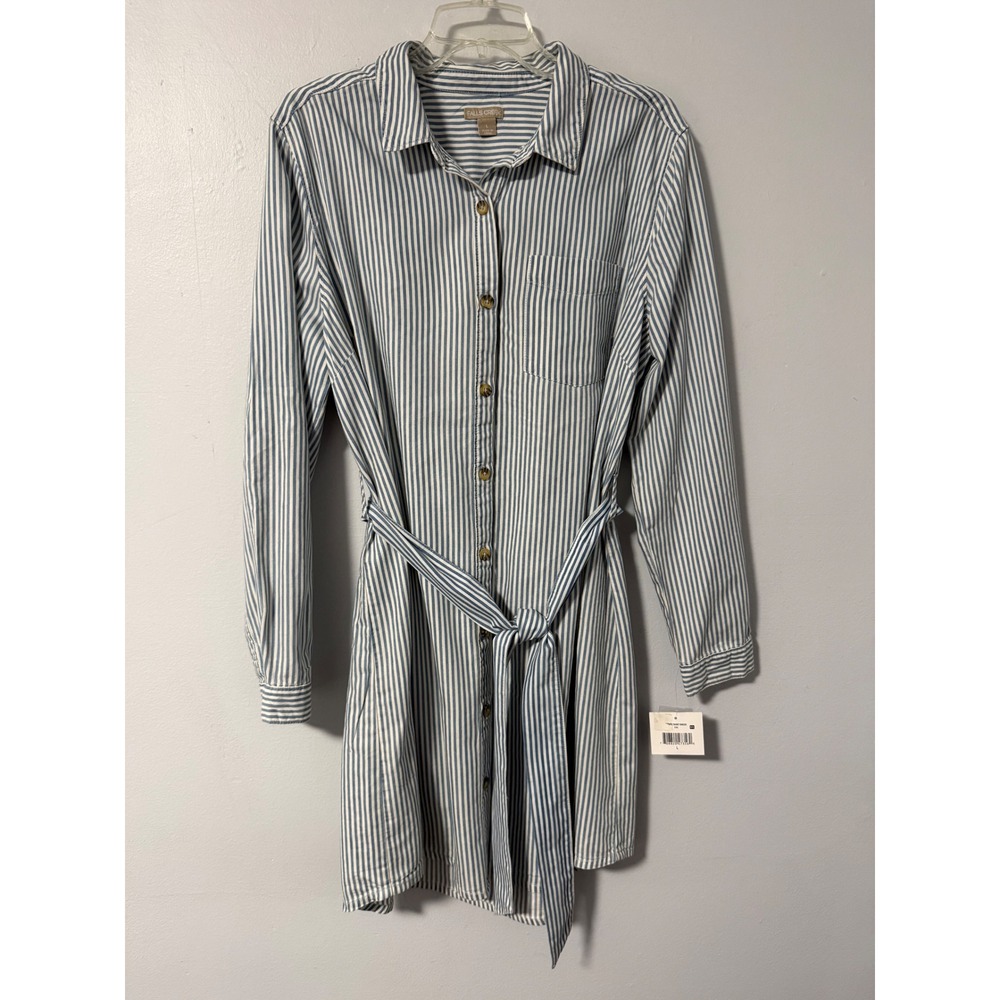 Falls Creek Blue White Striped Belted Shirt Dress Cotton Lyocell Size L NWT